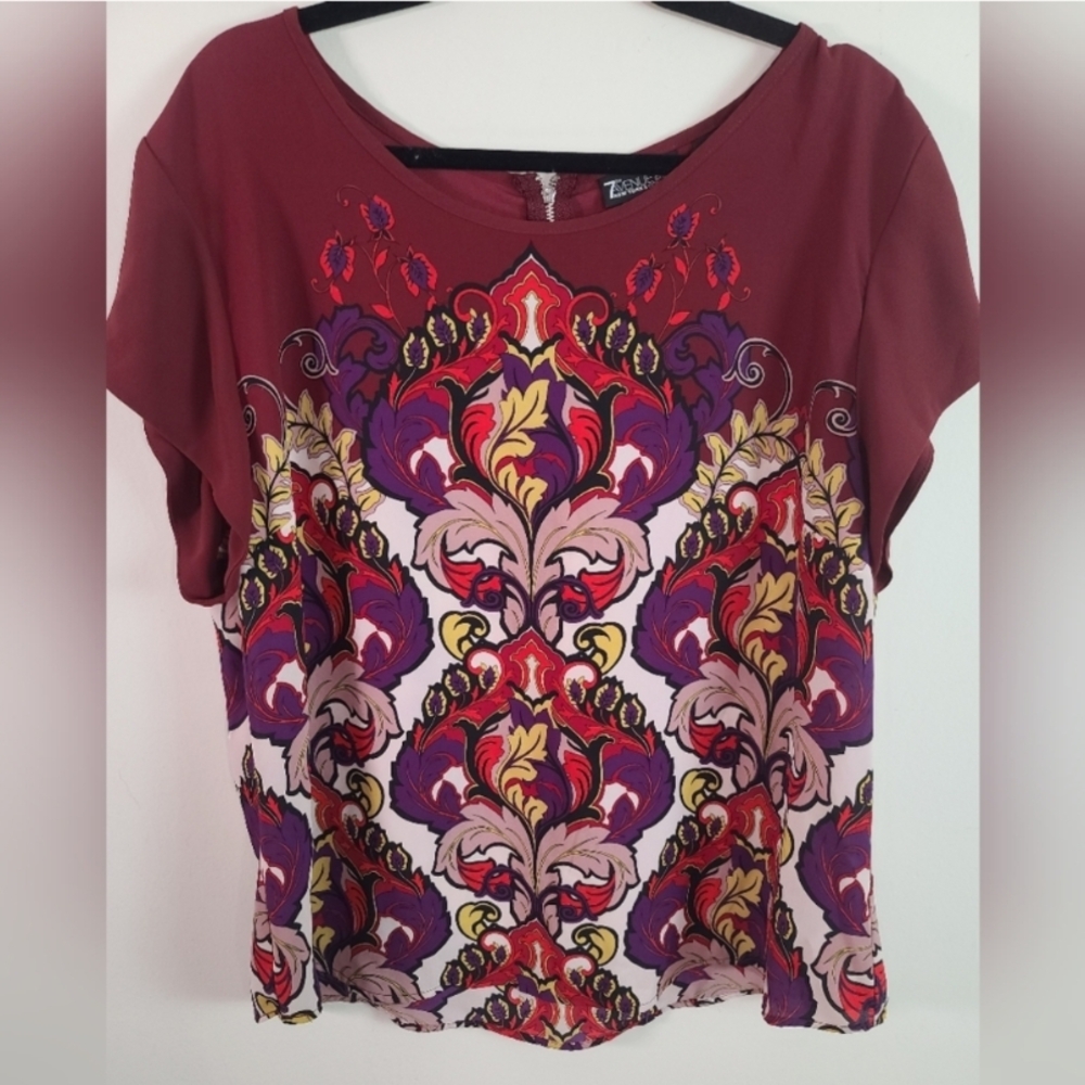 7th Avenue Burgundy with MultiColor Design Blouse Size XXL